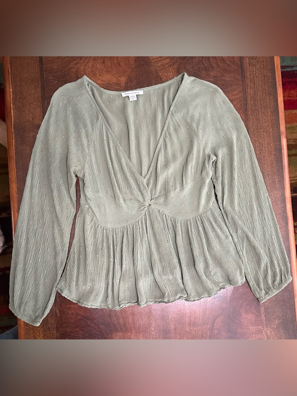 American Eagle Outfitters Olive Green V-Neck Long Sleeve Peplum Blouse